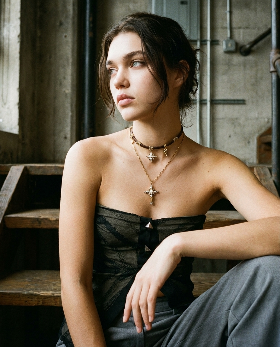 Vintage Starburst Cross Leather Choker Necklace - Image 2