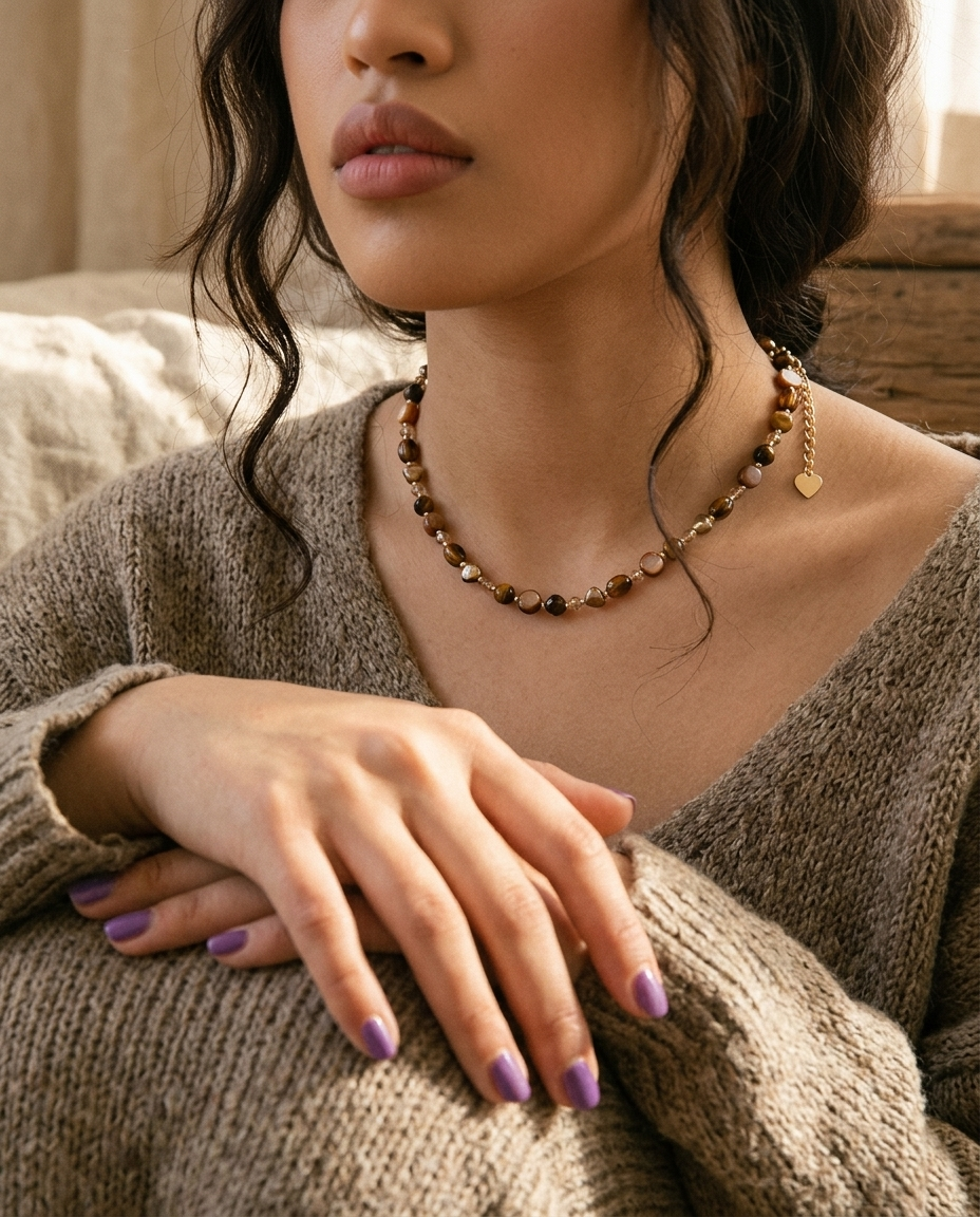 Vintage Tiger Eye and Brown Pearl Beaded Necklace - Image 4