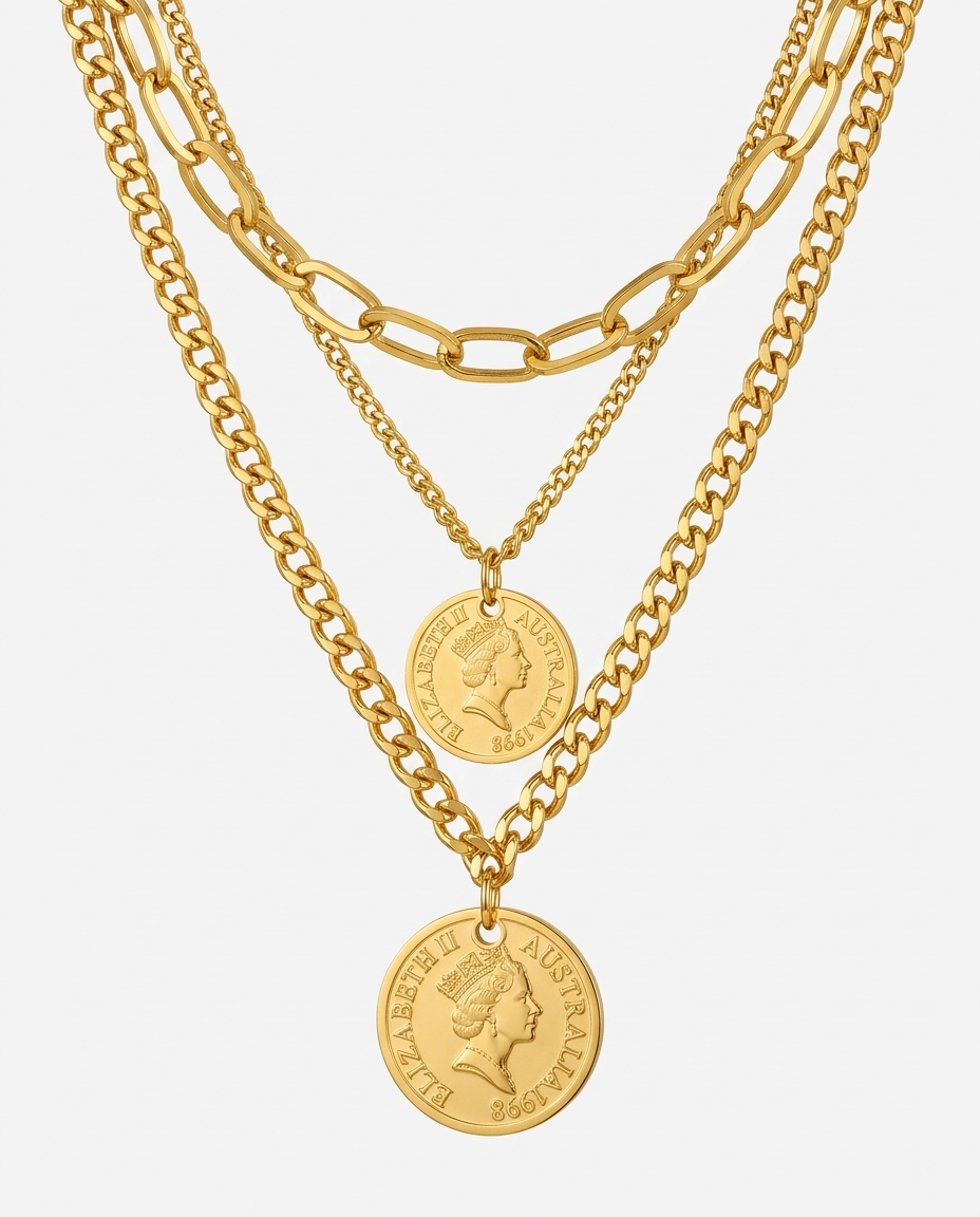 Vintage Coin Pendant Layered Titanium Necklace