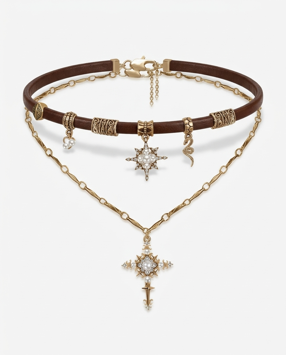 Vintage Starburst Cross Leather Choker Necklace - Image 1