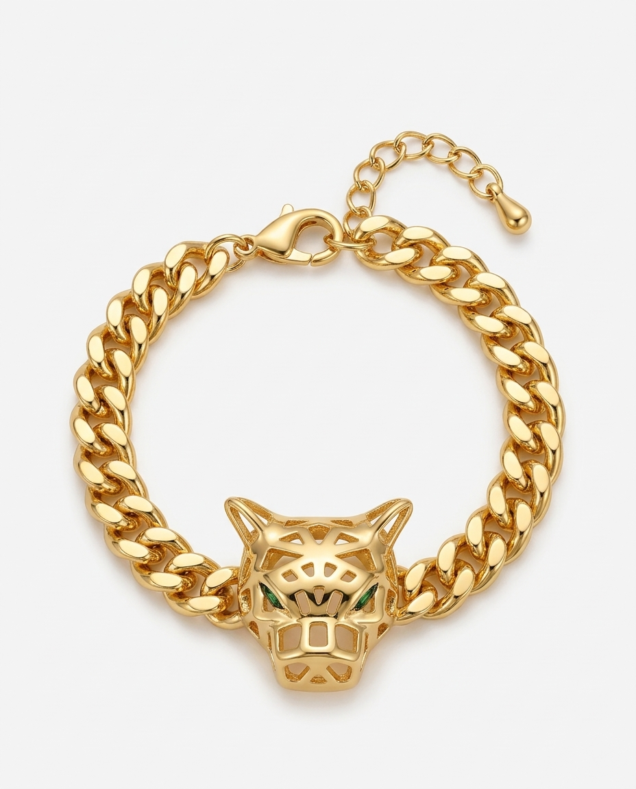 Vintage 18K Gold Plated Emerald Eye Leopard Bracelet