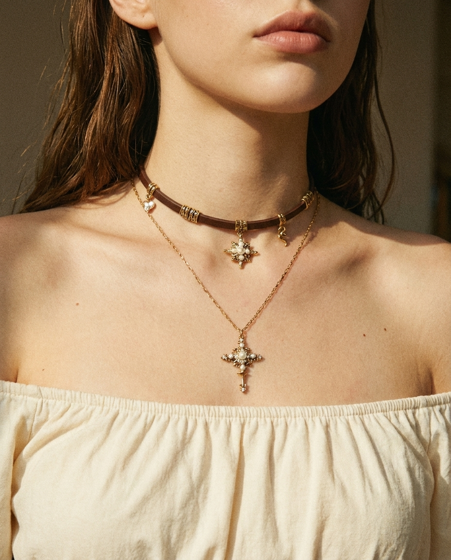 Vintage Starburst Cross Leather Choker Necklace - Image 3