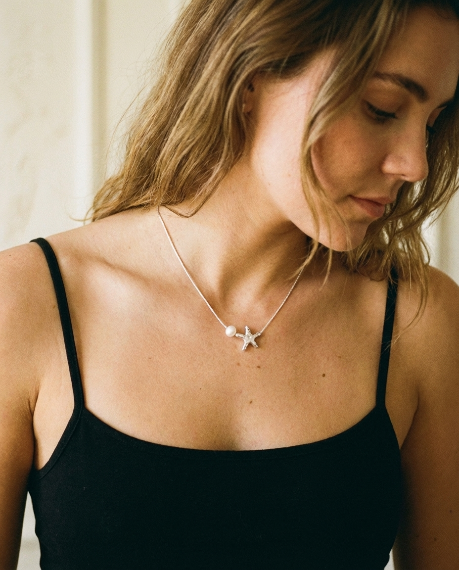 Delicate 925 Silver Starfish Pearl Necklace - Image 3