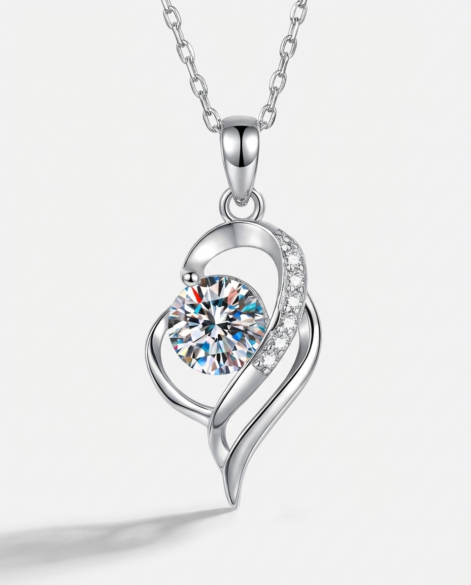 Romantic Moissanite Heart Pendant 925 Silver Necklace - Image 1